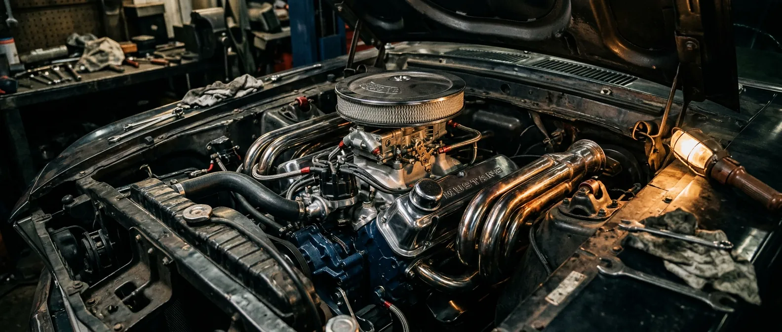 Polished V8 engine bay with chrome headers
