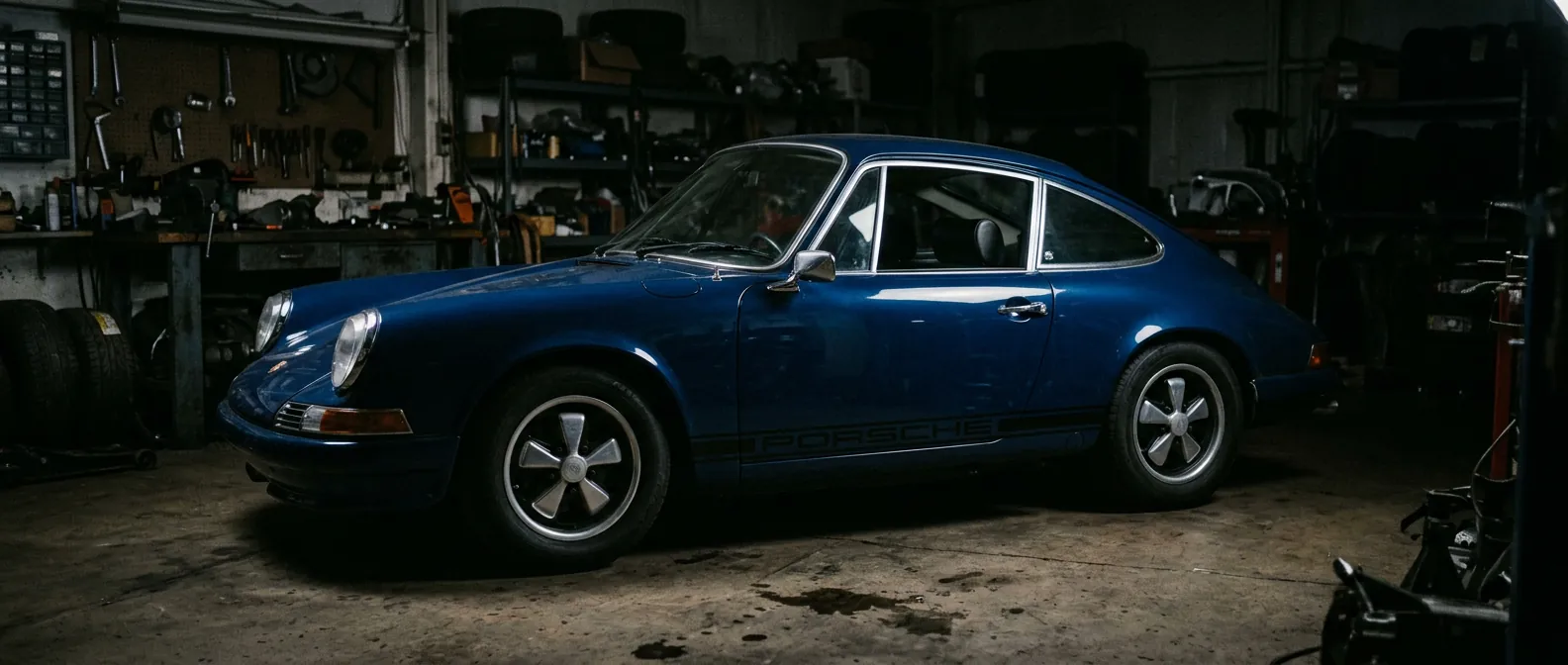 Classic air-cooled Porsche 911 in the workshop