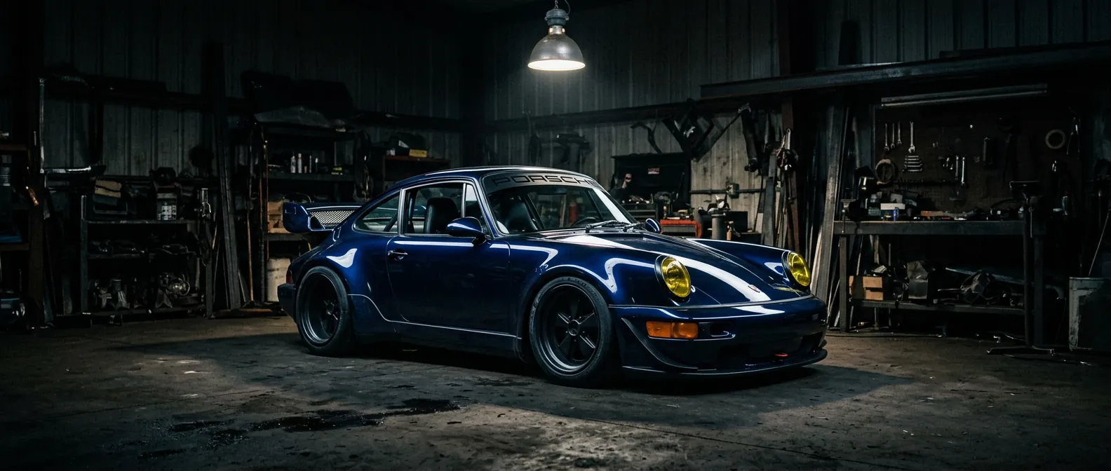 Custom widebody Porsche 911 in a dark garage